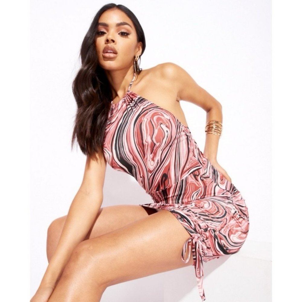 Marble Print Sleeveless Halter Neck Open Back Ruched Bodycon Mini Dress - Picture 11 of 12